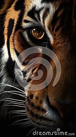 Closeup tiger eye, portrait of animal on dark background. Stock Photo