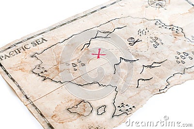 Closeup to fake treasure map with red cross of Pirates Chest Stock Photo