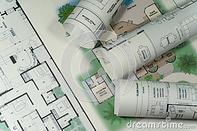 Closeup to floor plans. Architect drawings, expensive renovation, building construction cost, modern design, mortgage or credit Stock Photo