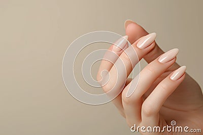 Closeup to woman hands with elegant neutral colors manicure. Beautiful nude manicure on long almond shaped nails. Nude Stock Photo