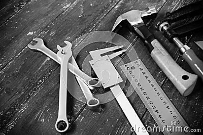 Closeup tools building and repair set monochrome Stock Photo