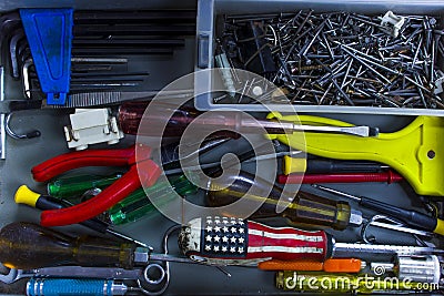 Closeup tools various in opened toolbox. View from above Stock Photo