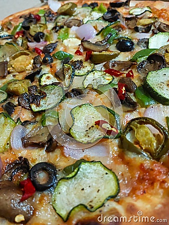 Closeup of topping of pizza, vegetarian pizza photography, food background Stock Photo