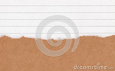 Closeup torn grunge brown paper on white lined paper texture background. Rip Paper note ,brown paper sheet with space for text ,pa Stock Photo