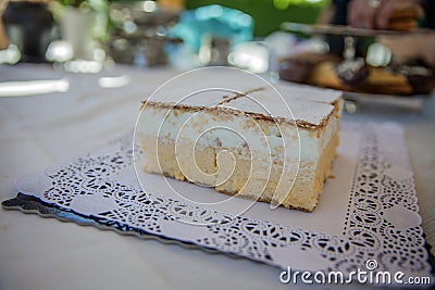 Closeup of traditional Slovenian dessert cream cake called Kremna Rezina or Kremsnita, Slovenia Stock Photo