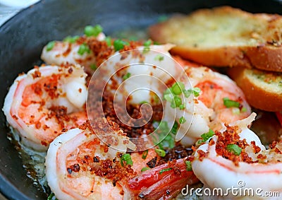 Closeup a Traditional Spanish Dish of Garlic Shrimp or Gambas al Ajillo Stock Photo