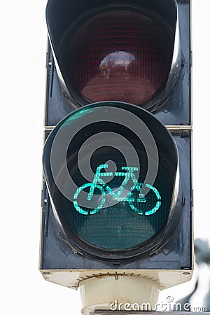 Closeup traffic cyclists green light bike concept Stock Photo