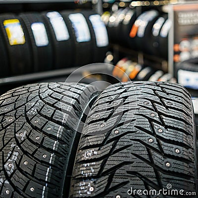 Closeup of the tread of two different studded winter tires Stock Photo