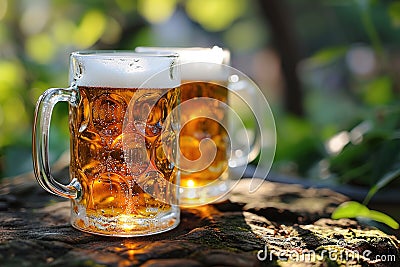 closeup two mugs of beer with foam on a stone on blurred green wood background Stock Photo