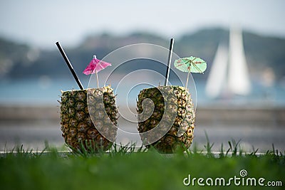 two pinacolada cocktail on a pineapple on river background Stock Photo