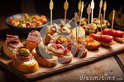 closeup of a typical spanish pincho de tortilla, spanish omelete served on bread. Spanish tapas called pintxos of the Basque Stock Photo