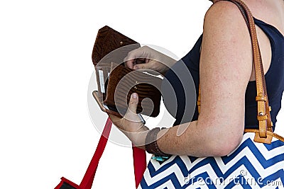 Closeup of unrecognizable woman holding shopping bags opening billfold to get out money for purchase isolated on white room for co Stock Photo