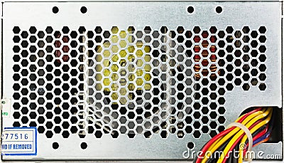 Closeup used computer power supply grid with color wireds Stock Photo