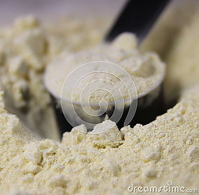 Closeup of vanilla protein powder, flour, or other baking ingredient with scoop - generated with the use of AI Stock Photo