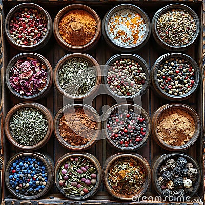 a closeup vast array of different spices, top View Stock Photo