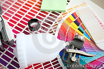 Closeup view of airbrush gun at colour check Stock Photo