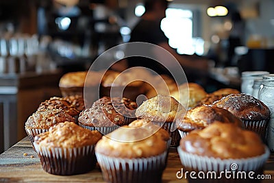 Closeup view of assorted muffins, breads. Bakery items displayed on rustic wooden counter. Blurred figure behind working at Stock Photo