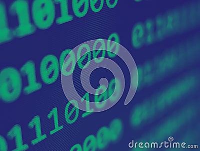 Closeup view of binary computer code with green 1s and 0s displayed on a blue screen with focus blur effect Stock Photo