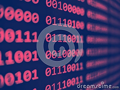 Closeup view of binary computer code with pink 1s and 0s displayed on a blue screen with focus blur effect Stock Photo