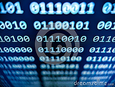 Closeup view of binary computer code with 1s and 0s displayed on a blue screen with focus blur effect Stock Photo