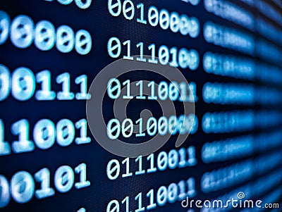 Closeup view of binary computer code with 1s and 0s displayed on a blue screen with focus blur effect Stock Photo