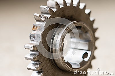 Closeup view on broken teeth on the gear. Mechanical workshop and repair concept Stock Photo
