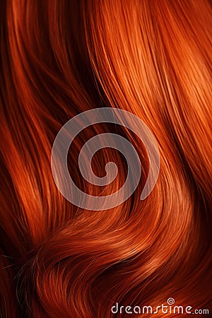 A closeup view of a bunch of shiny straight red hair in a wavy curved style. Stock Photo