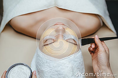 Closeup view of cosmetologist applying face mask on attractive woman in spa salon Stock Photo
