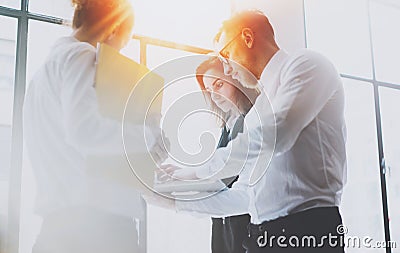 Closeup view of coworking team meeting process.Group of businessmans working with new startup project in modern office Stock Photo