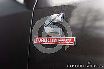 Closeup view of the Cummins turbo diesel branding of a RAM 2500 Pickup truck Editorial Stock Photo