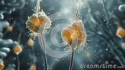 A closeup view of a developing synapse before and after the pruning process Stock Photo