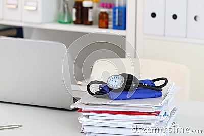 Closeup view of doctor working table Stock Photo