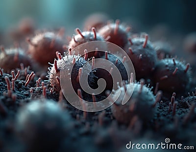 Closeup view of Enterobacter cloacae bacteria. Microscopic bacteria cluster appears on dark surface. Tiny structures visible. Cartoon Illustration