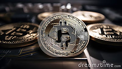 closeup view of few bitcoin shiners, neural network generated image Stock Photo