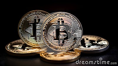closeup view of few bitcoin shiners, neural network generated image Stock Photo