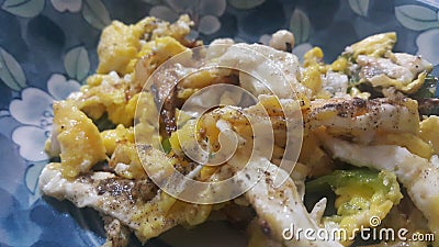 Closeup view of fried egg omelet dish in a fry pan Stock Photo