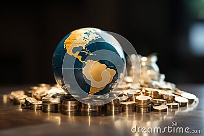 Closeup view of a glass world ball, gold coins, and a bank passbook symbolizing global finance Stock Photo