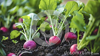 A closeup view of a group of colorful radishes their deep red pink and purple hues creating a beautiful contrast against Stock Photo