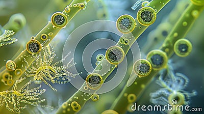 A closeup view of a group of microscopic algae resembling towering trees teeming with tiny organisms that sustain ocean Stock Photo