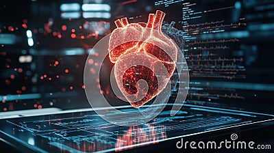 A closeup view of a holographic heart model dynamically representing flow and electrical signals. The interface includes Stock Photo