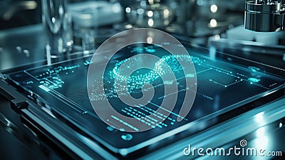 Closeup view of a holographic touchscreen interface where swirling graphics represent analysis metrics such as Stock Photo
