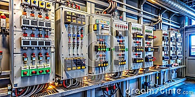 Closeup View of Industrial Power Control Box Examining Safety Features Wiring and Leakage Detection Systems for Stock Photo