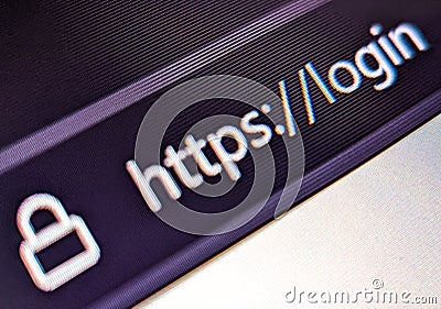 Closeup view of an internet web browser with secure URL displayed on a pixelated screen Stock Photo
