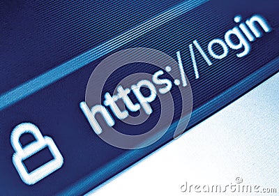 Closeup view of an internet web browser with secure URL displayed on a pixelated screen in blue Stock Photo