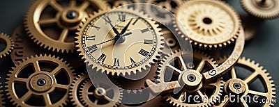 Closeup view of intricate clock mechanism. Interconnected gears, clock face visible. Details of metal parts, cogs create complex Stock Photo