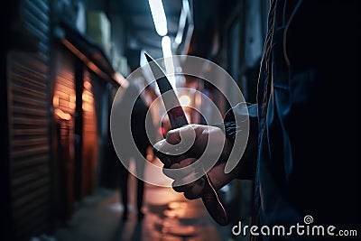 closeup view of of man holding knife in hand in dark backalley, neural network generated photorealistic image Stock Photo