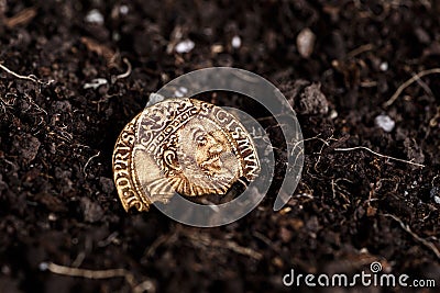 Closeup view of medieval European gold and silver coins.Old Polish coins.Zygmunt III Waza.Ancient gold and silver coins. Stock Photo