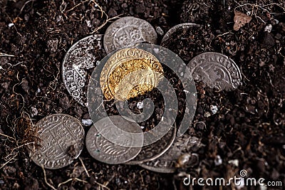 Closeup view of medieval European gold and silver coins.Old Polish coins.Zygmunt III Waza.Ancient gold and silver coins. Stock Photo