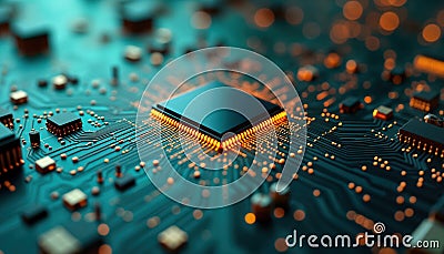 Closeup view of microcircuit. Complex network of interconnected components. Modern computer tech detailed. Circuit board with Stock Photo