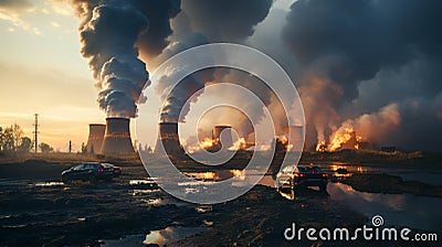 Closeup view Nuclear energy chimney with smoke Stock Photo